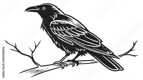 A monochrome illustration of a raven perched on a bare branch with detailed feathering design and sharp beak created with generated ai