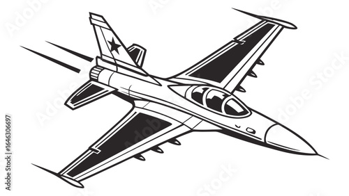 Illustration of a fighter jet with a star on its tail and missile trails in black and white design created with generated ai