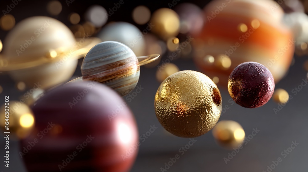 Naklejka premium Celestial spheres floating, vibrant colors, golden accents, cosmos concept