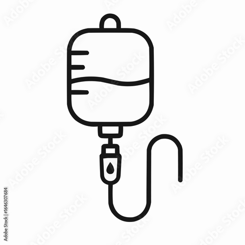 IV drip bag with fluid and attached tube in simple line art  