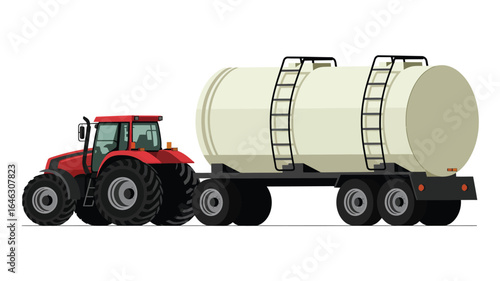 Red tractor pulling a large white water tank trailer