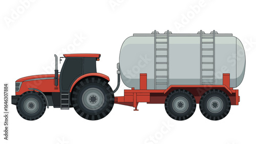 Red tractor pulling a large white water tank trailer