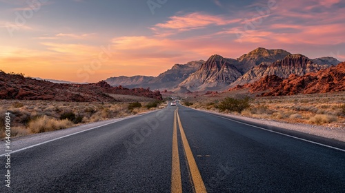 Asphalt road winds through a desert landscape at dusk, passing mountains and sparse flora
