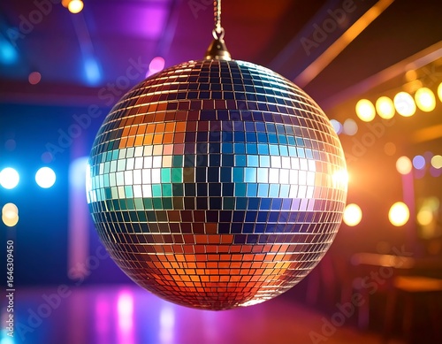Disco ball with night club, and party lights.