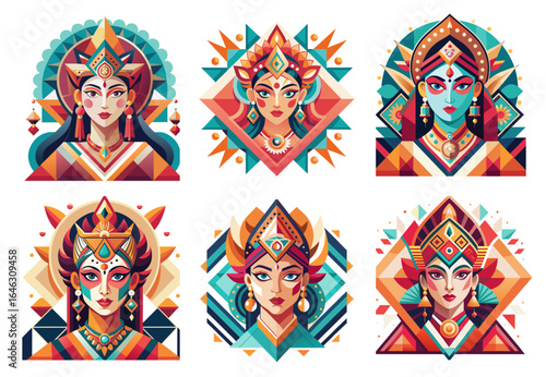 Durga goddess portraits collection in modern geometric design,  stylish and festive vector art