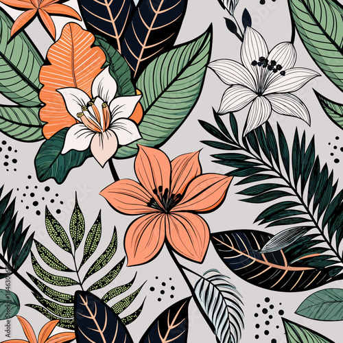 Seamless vintage floral pattern with summer flowers and delicate leaves