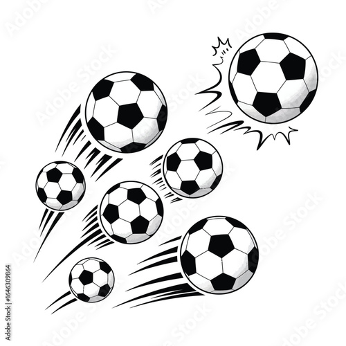 Dynamic soccer balls in motion with speed lines and impact effects
