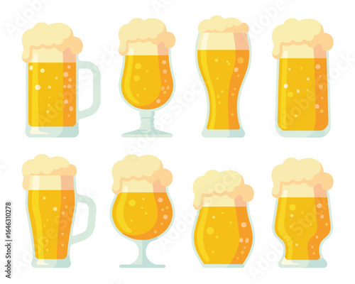Collection of eight diverse beer glasses filled with frothy golden beer