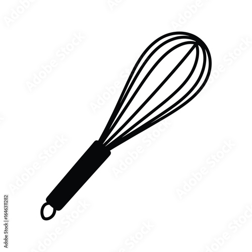 Simple black and white outline drawing of a balloon whisk