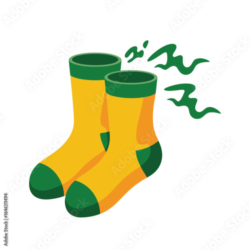 Stinky yellow and green socks emitting green smelly puffs