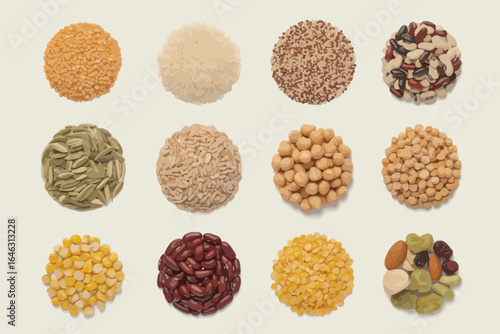 Assortment of healthy grains seeds and nuts in circular piles
