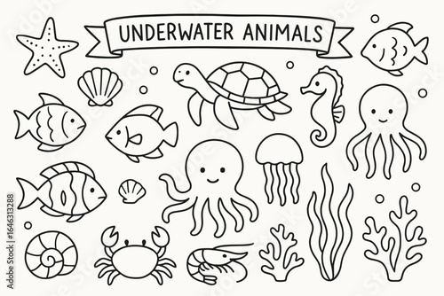 Underwater animals collection, doodle style, hand-drawn sketch style, AI-generated.
