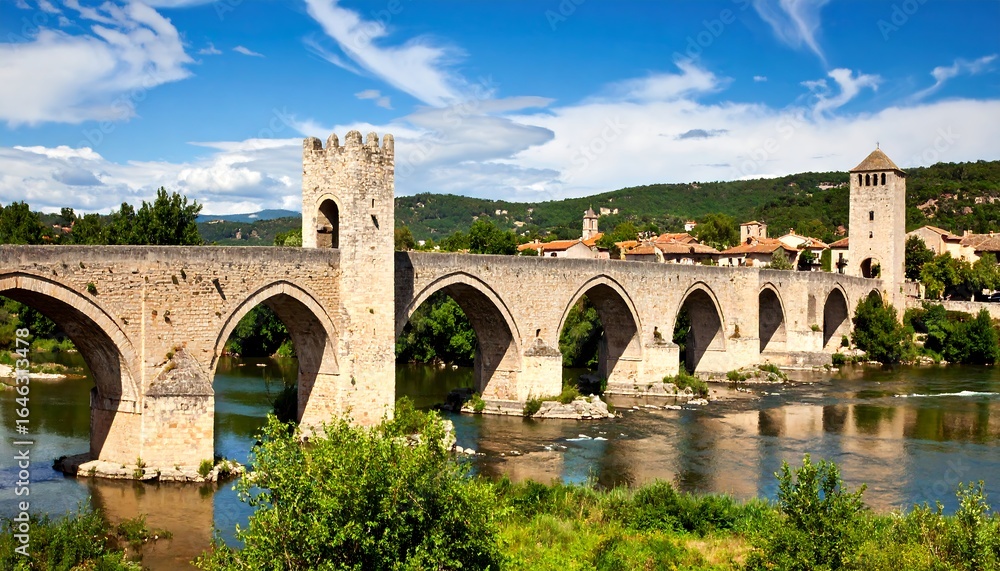 Medieval stone bridge over a river, town in background Medieval stone bridge over a river, town in background
