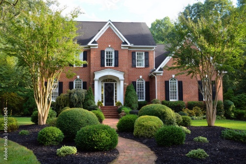 Wallpaper Mural Elegant brick house surrounded by lush greenery and manicured gardens in a peaceful suburban neighborhood during late afternoon Torontodigital.ca