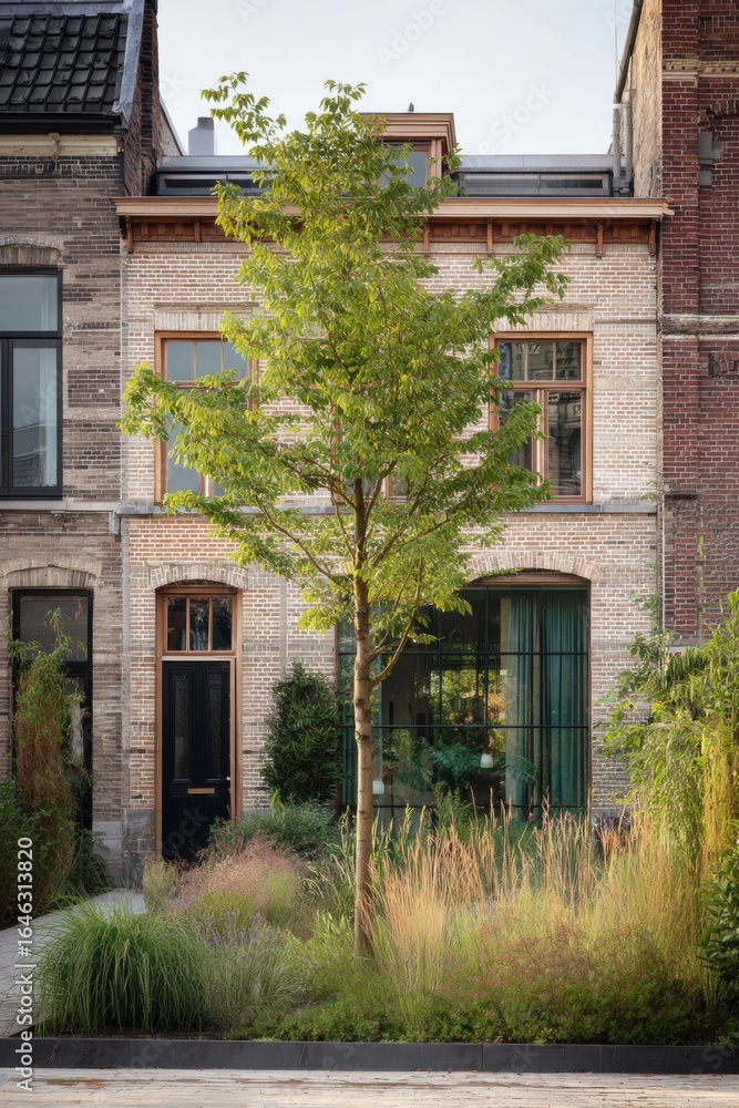 Fototapeta premium A stunning modern house featuring expansive windows that bring in natural light, surrounded by lush greenery in the front garden on a bright, sunny day amidst an urban backdrop