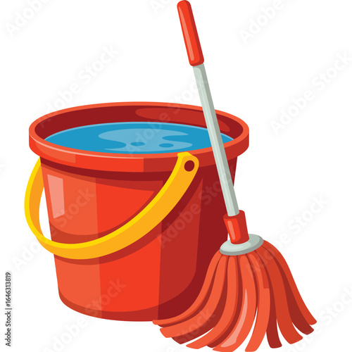 Red bucket filled with water and a mop for cleaning