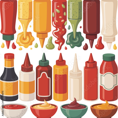 Assortment of condiment bottles and bowls for sauces and dips