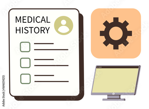 Medical history document with checklist, gear symbol for system optimization, and computer screen. Ideal for healthcare, data management, technology, digital tools, administration, automation