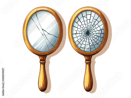 Two handheld mirrors one cracked one shattered