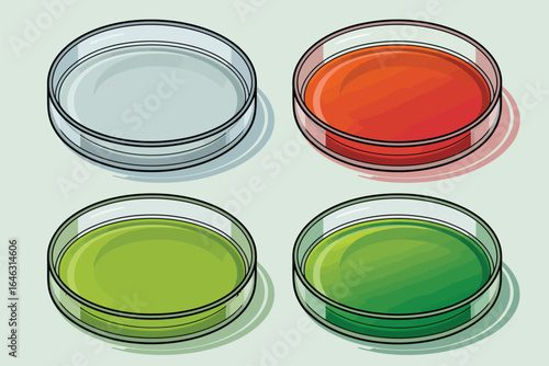 Four petri dishes with colorful liquids for scientific experiments