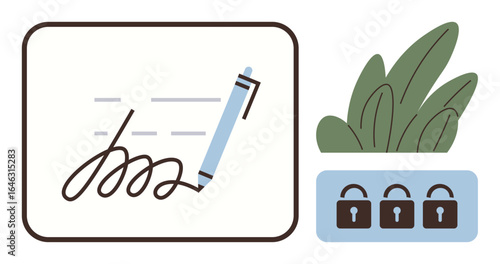 Blue pen writing signature next to security locks and green leaves, symbolizing document security, privacy, and environmental consciousness. Ideal for data security, digital authorization, privacy