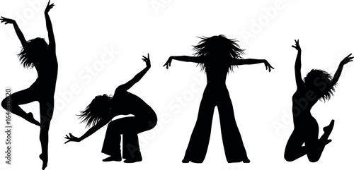 Silhouettes of dancers in expressive poses, dynamic movement, energetic choreography, modern dance art, black vector illustration, performing arts concept
