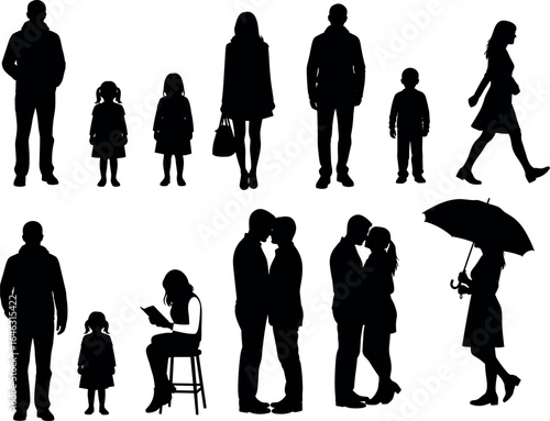 Silhouettes of adults and children in various poses, walking, reading, kissing, embracing, everyday life moments, vector illustration set