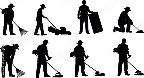 Silhouettes of people doing yard work, raking leaves, mowing lawn, trimming grass, outdoor maintenance tasks, landscaping, gardening, vector set