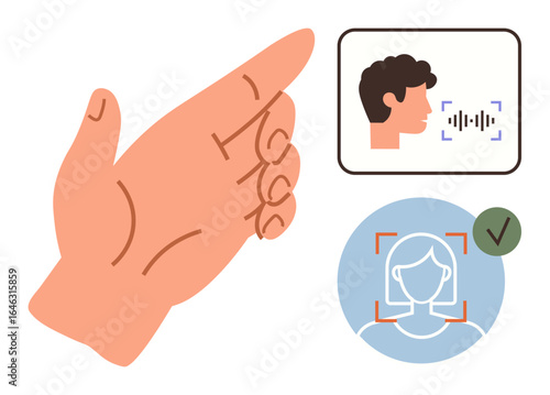 Hand in a gesture paired with voice and facial recognition visuals symbolizing authentication and security. Ideal for technology, privacy, security, user access, identity verification, AI