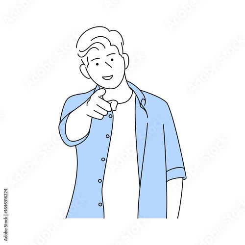 Young man points at the camera with one hand, wearing a playful and engaging expression. ideal for marketing materials, advertisements, social media engagement, and concepts related to choice.