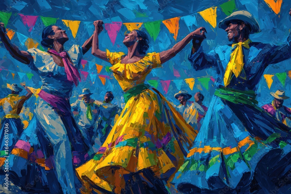 Fototapeta premium Vibrant national day celebration featuring joyful people dancing energetically in colorful traditional clothing. Festive bunting hangs above a lively street scene for independence.