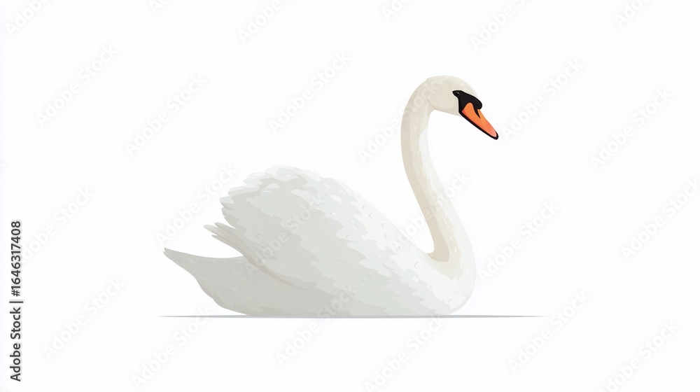 Fototapeta premium White swan gracefully resting on a white background. Features curved neck and orange beak