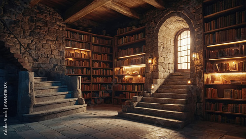 Wallpaper Mural Cozy library with stone walls and wooden shelves illuminated by soft sunlight Torontodigital.ca