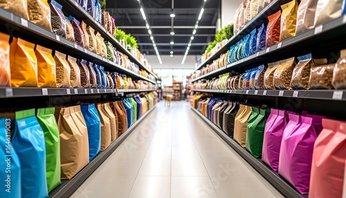 Colorful grocery aisle with supermarket.