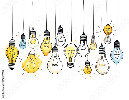 Light bulbs illuminating, hanging with illustrating ideas and creativity