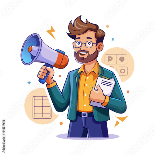 Man announcing news with loud speaker