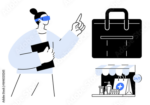 Person with VR headset gestures as shopping briefcase and pharmacy storefront with 247 bag illustrate retail, technology, convenience. Ideal for online shopping, pharmacy, retail, tech, innovation