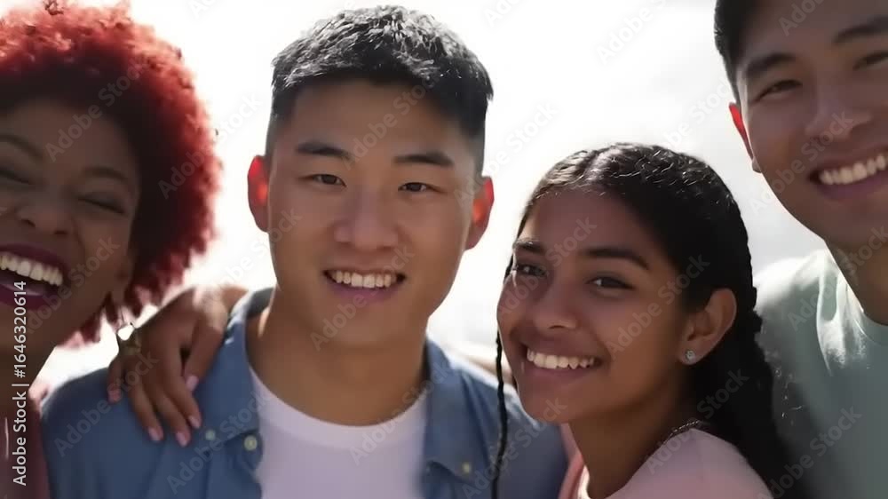 Diverse friends smiling outdoors. Diverse friends smiling outdoors.