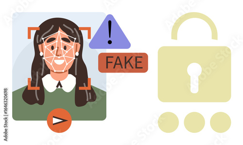 Face scanning technology highlights fake identity with warning symbols, lock, and verification interface. Ideal for cybersecurity, AI ethics, identity theft, deepfake detection, safety, privacy