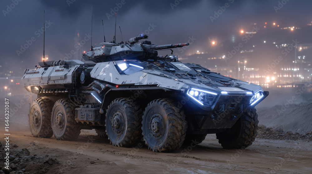Obraz premium Armored combat vehicle with sleek futuristic design, LED-lit weapon turrets and reinforced plating, emerging from dense nighttime fog on a tactical mission,