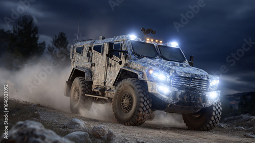 Rugged armored vehicle with advanced radar arrays and digital camouflage, headlights piercing through thick smoke and darkness on a covert nighttime operation,