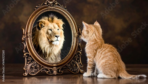 Lion, cat, mirror, reflection, introspection