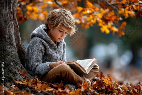 Young boy reading a book while sitting under a tree surrounded by autumn leaves