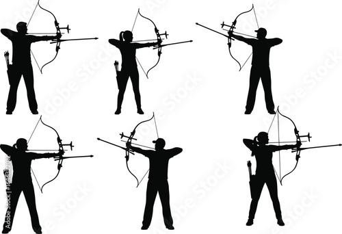 Archer silhouette set, bow and arrow poses, precision stance collection, quiver detail, archery sport design, vector illustration, black figures