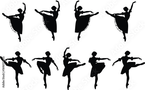 Ballet dancer silhouettes, graceful poses, tutu costume set, classical dance positions, elegant movement, vector illustration, black figure design