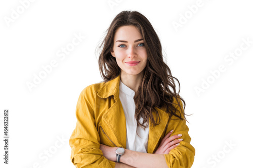 Portrait of 30 years old smiling woman looking at camera with crossed arms. Happy girl standing in creative office. Successful businesswoman standing in white background PNG	