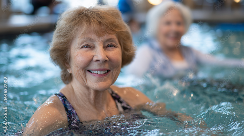 Fototapeta premium Close-up of joyful elderly women performing synchronized water movements, their faces glowing with happiness and camaraderie in a well-lit indoor aquatic center,
