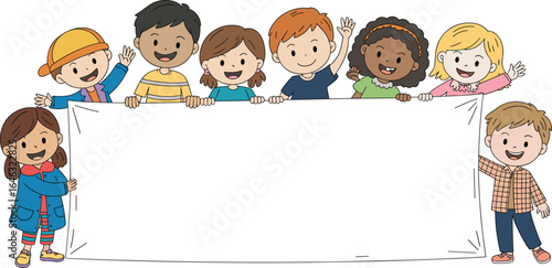 Cartoon children holding blank banner, smiling and waving, colorful outfits, empty space for text, educational and promotional illustration themes