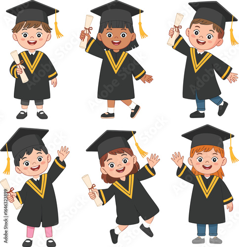Cartoon children in graduation gowns, holding diplomas, celebrating academic success, joyful student characters illustration for education and achievement themes