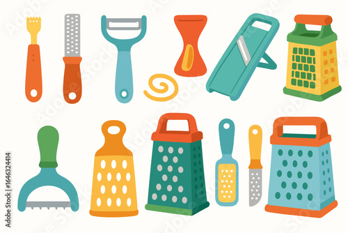 Kitchen tools flat icon set. graters, peelers, and more for culinary essentials